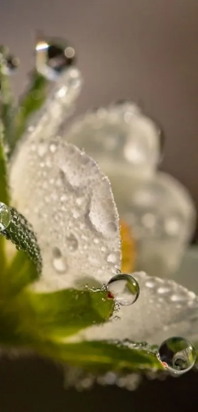 Closeup of a dew-covered white flower.