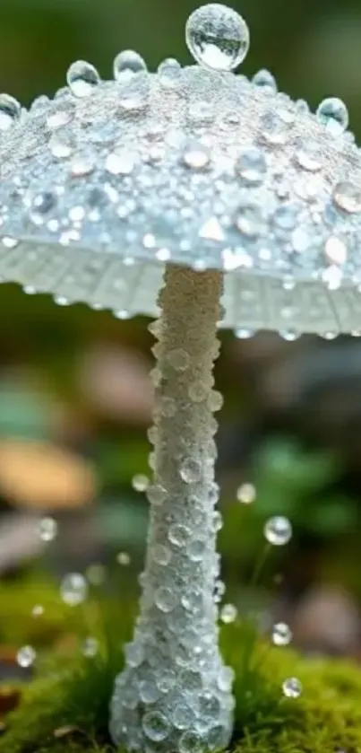 Glittering dew-covered mushroom on forest floor.