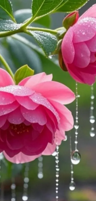 Dew-kissed pink flowers on green leaves.