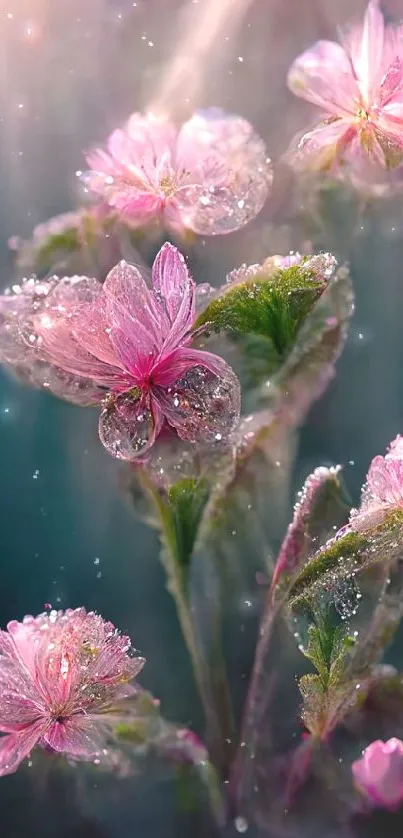 Pink dew-covered flowers in soft focus.