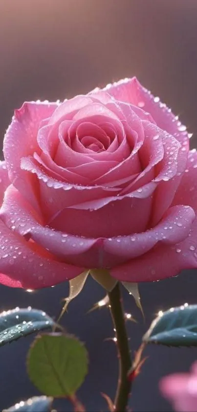 Pink rose with dew drops on petals in soft focus.