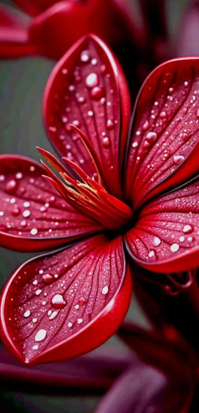 Close-up of a red flower with dewdrops on petals.
