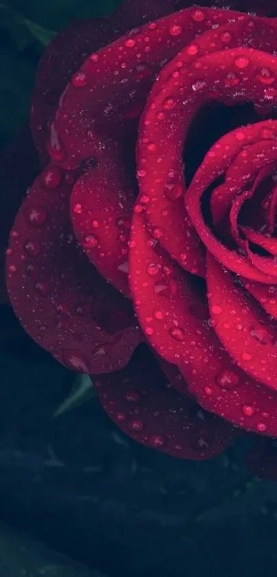 Dew-studded red rose against dark leaves.