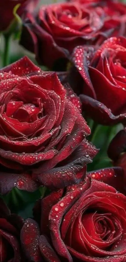 Dew-covered red roses in full bloom, showcasing vibrant colors.