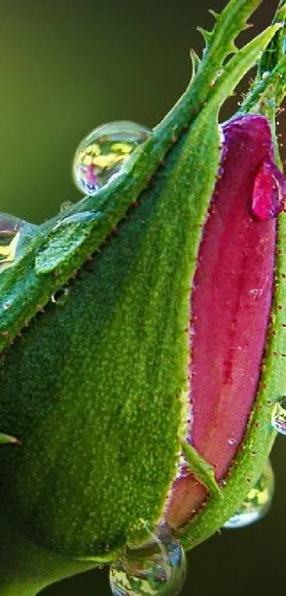 Close-up of a rose bud with dew droplets, showcasing vibrant green and pink hues.