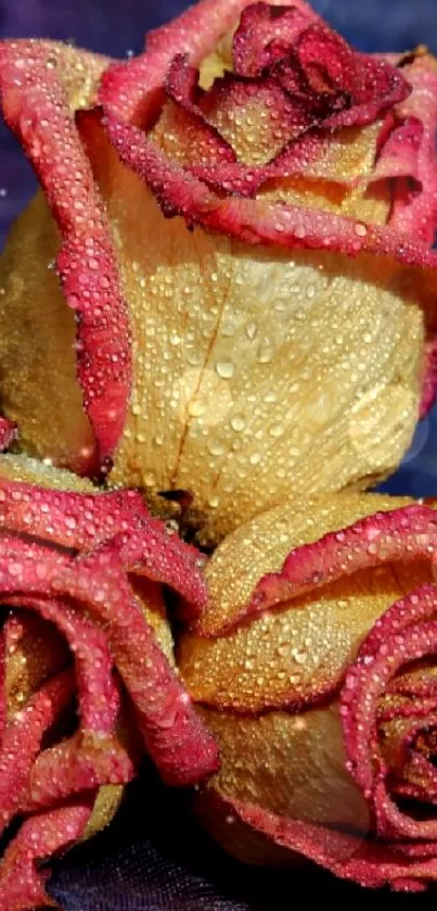 Close-up of dew-covered pink roses, vibrant and elegant.