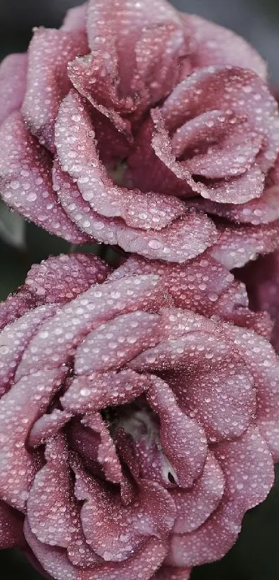 Close-up of pink roses with morning dew on petals, showcasing nature's beauty.
