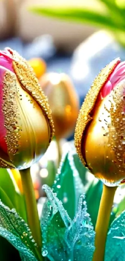 Vivid tulip wallpaper with dew drops and vibrant colors.
