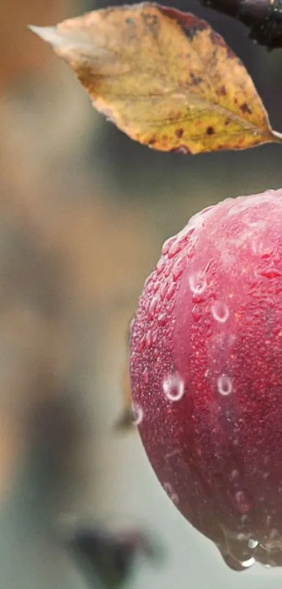 Close-up of a dewy red apple with an autumn leaf on a blurred background.