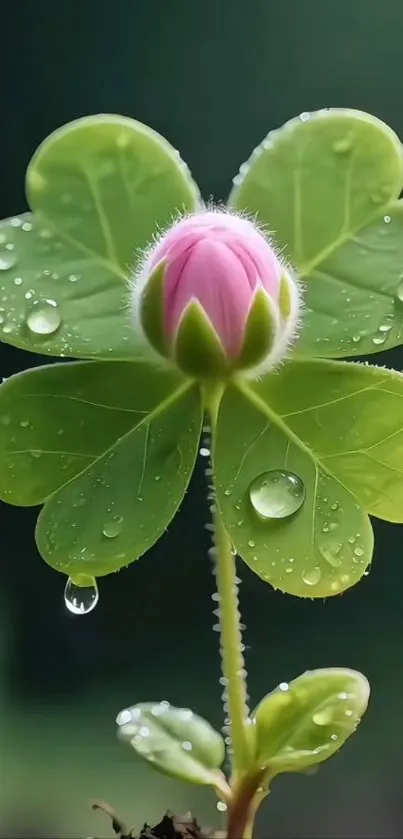 Dew-kissed clover with pink flower bloom.