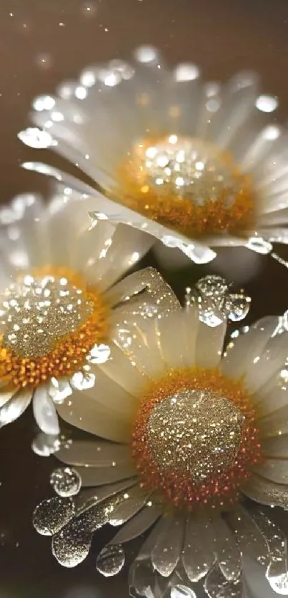 Close-up of daisies with dew droplets on petals, perfect for a mobile wallpaper.