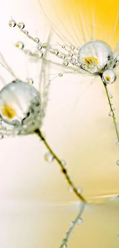 Closeup of dewy dandelions with a yellow background, perfect for spring themes.