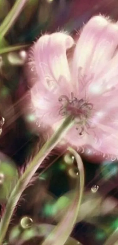 Pink flower with dewdrops on petals.