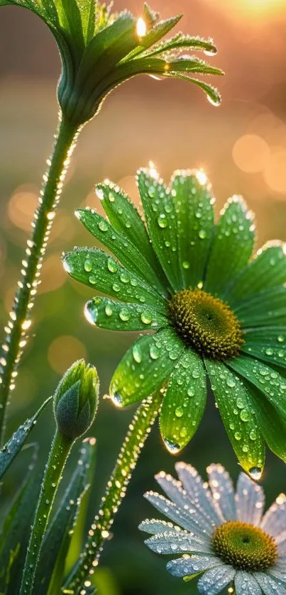 Close-up of dewy flowers at sunrise with a serene green landscape.