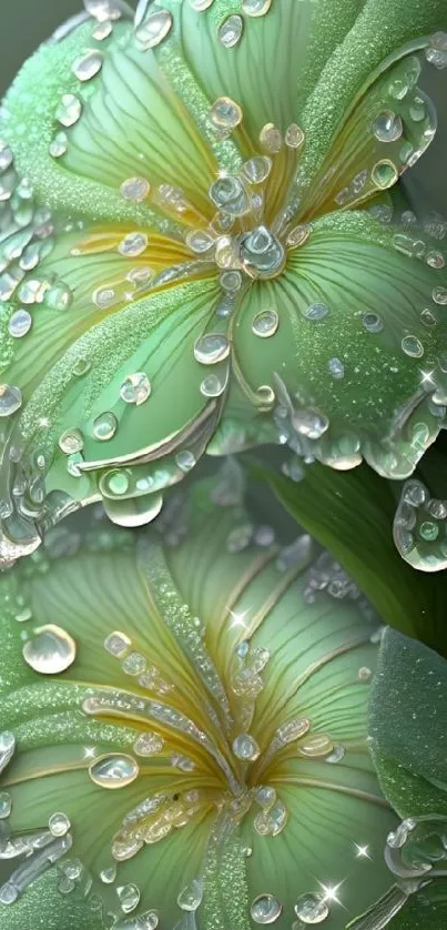 Dew-covered green flowers in artistic design.