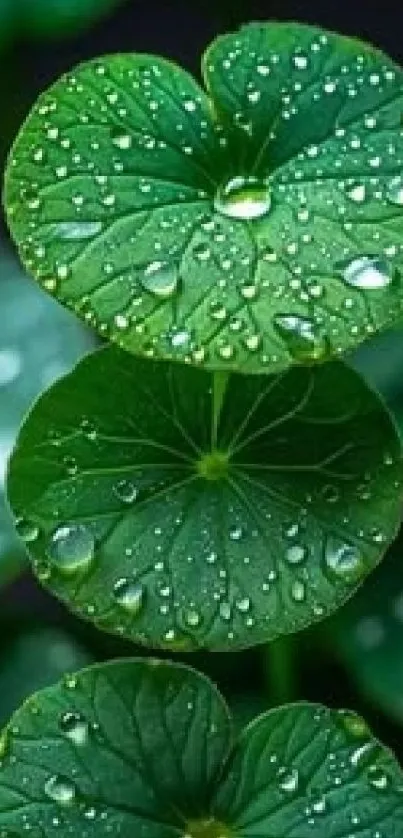 Close-up of green leaves with dewdrops for a nature wallpaper.