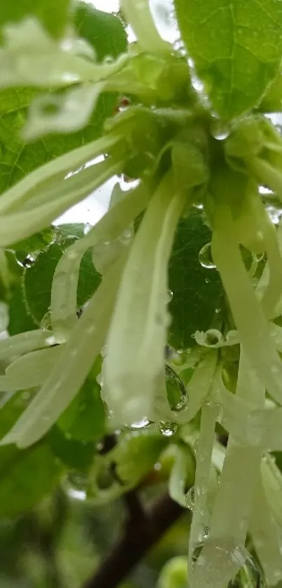 Close-up of green leaves and dewy white flowers.