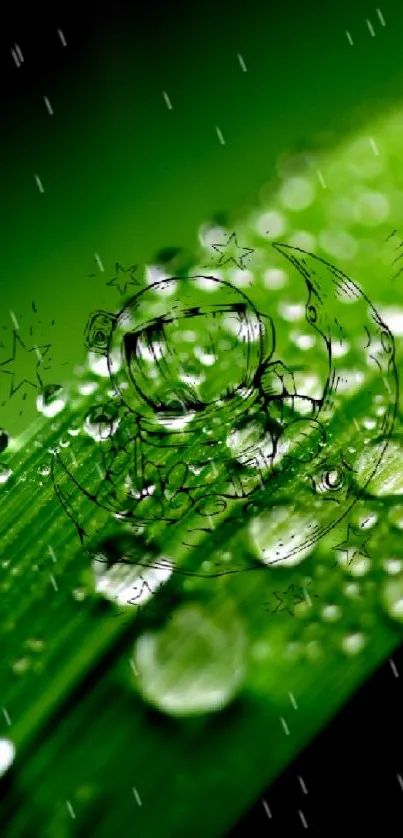 Green leaf with water droplets and celestial design.