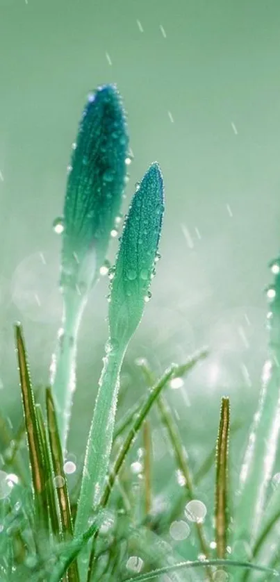 Dewy green plants with a serene backdrop.