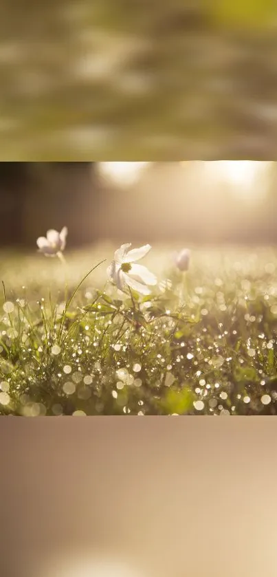 Serene mobile wallpaper of dewy flowers under morning sunlight.