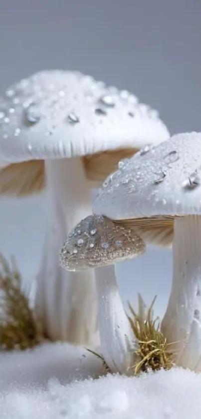 Dew-covered white mushrooms on snowy ground.