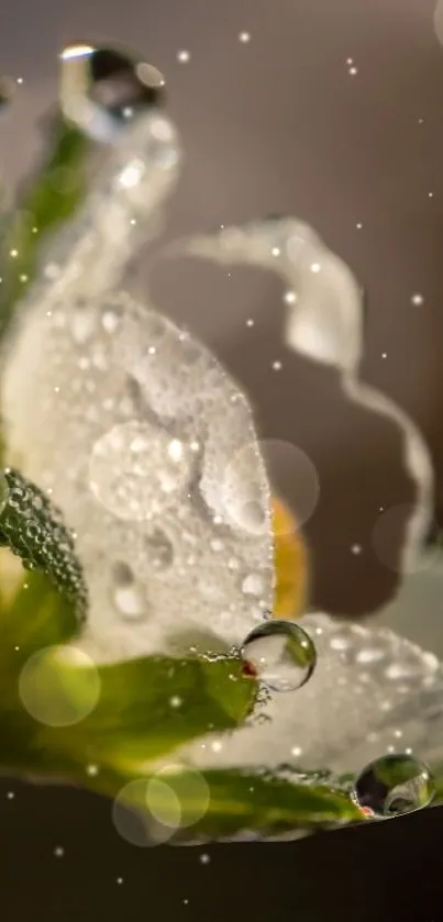 Dew-kissed green petal against a soft, dreamy background.