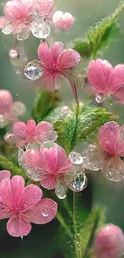 Dew-covered pink blossoms with lush green leaves and sparkling droplets.