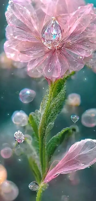 A dewy pink flower with intricate petals and green stem on a mystical background.