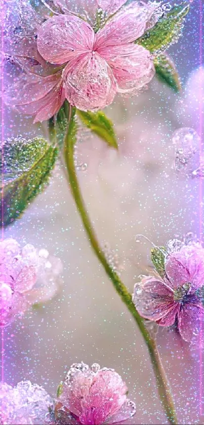 Dewy pink flower with water droplets, perfect for serene mobile wallpaper.