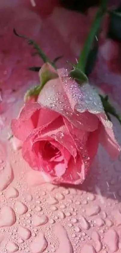 Mobile wallpaper of dewy pink rose with delicate droplets.