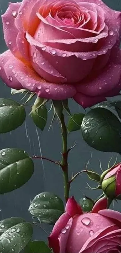 Dewy pink rose with raindrops in a lush backdrop.