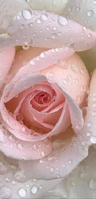 Close-up of a dewy pink rose with delicate petals.