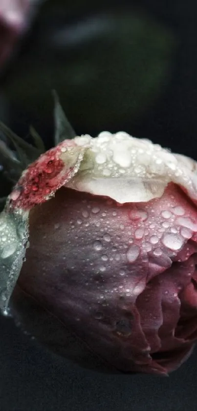 Dewy pink rose on dark background for mobile wallpaper.
