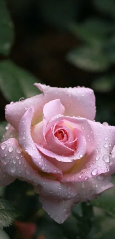 Dewy pink rose with green leaves, perfect for mobile wallpaper.