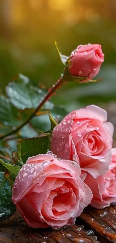 Dewy pink roses on wooden surface wallpaper.