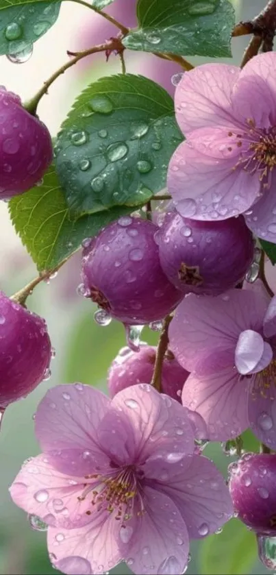 Dewy purple flowers with berries, adorned with raindrops.