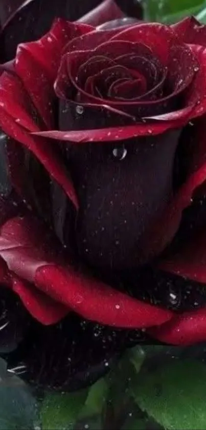 Dew-kissed red rose against a green leaf backdrop