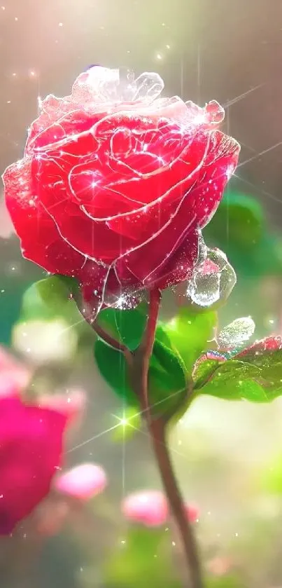 Close-up of a dewy red rose with sparkling droplets.