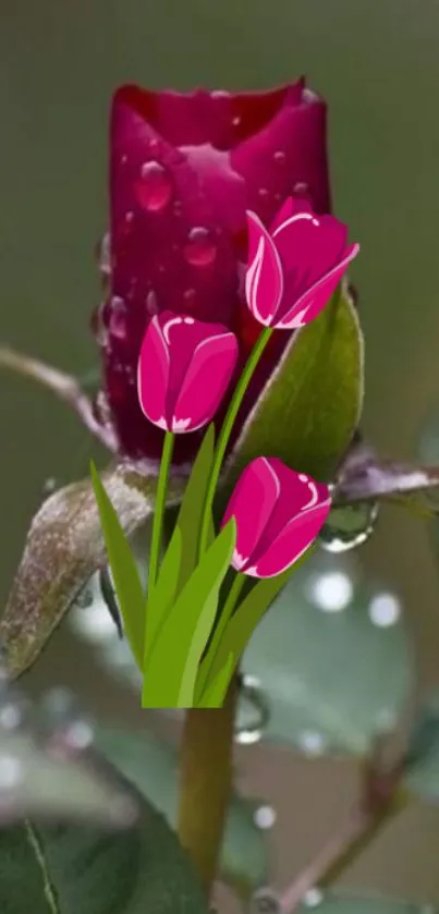 Close-up of a dewy rose bud with vibrant tulip design.