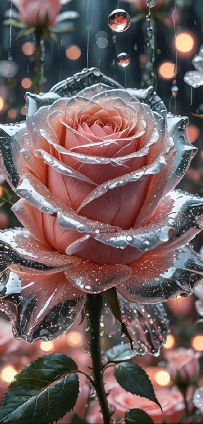 Dewy pink rose with water droplets on petals.