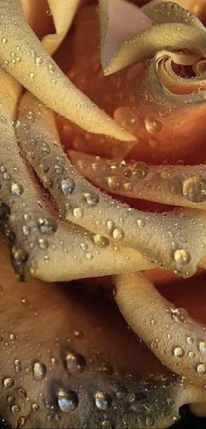 Close-up of dewy orange rose petals with water droplets.