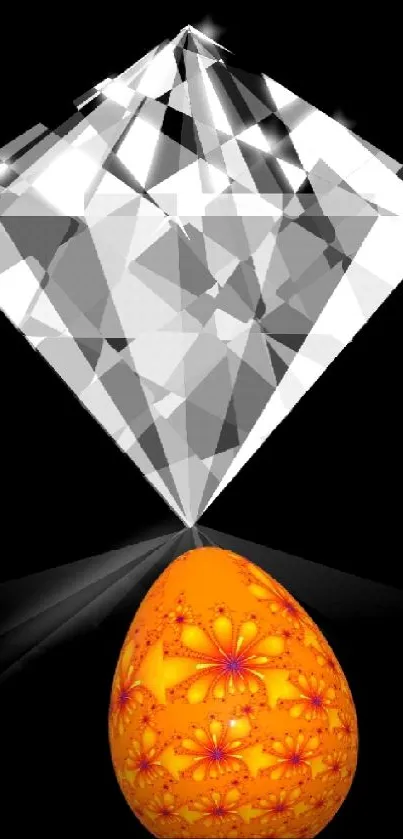 Diamond and orange floral egg on black background.