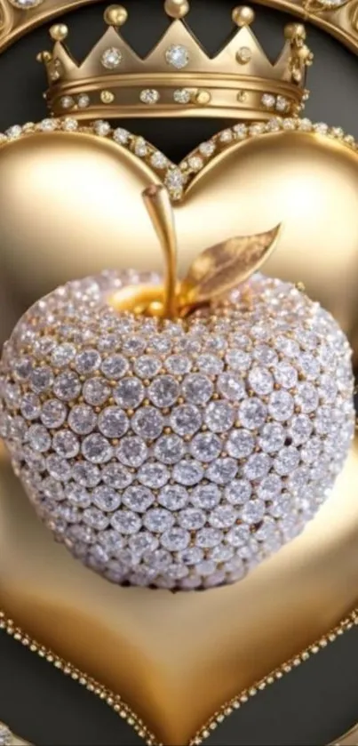 A diamond-studded apple with golden hearts and a crown.