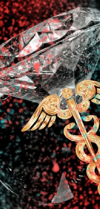 Diamond and caduceus on red-black background.