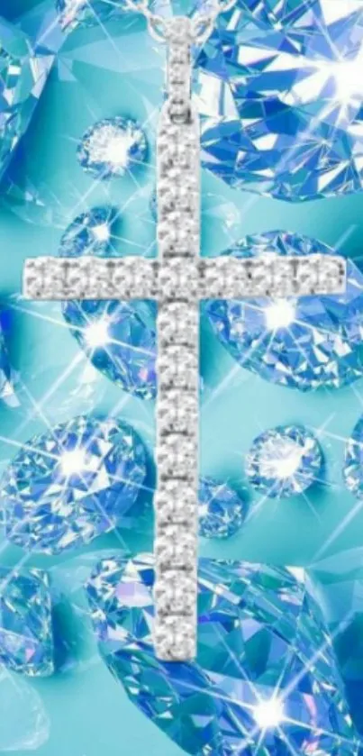 Diamond cross against a blue, sparkling gemstone background.