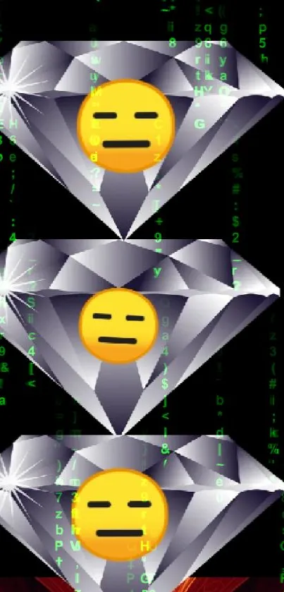 Phone wallpaper with diamond emojis and geometric background.