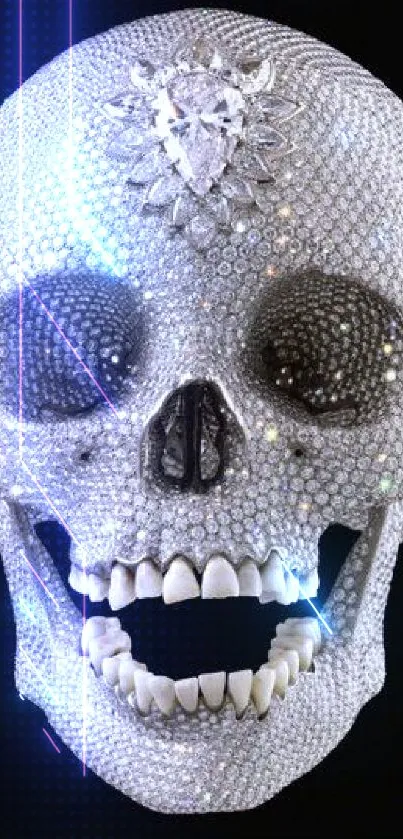 A dazzling skull covered in shimmering diamonds on a black background.