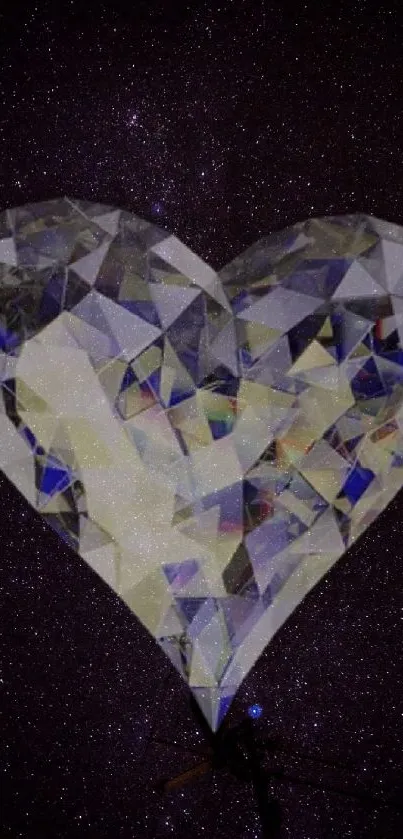 Shimmering diamond heart over cosmic starry background.