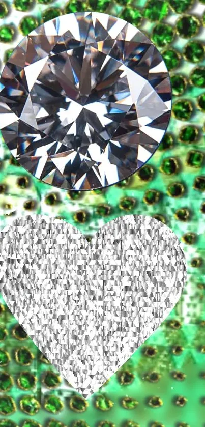 Sparkling diamond heart on textured green background wallpaper.