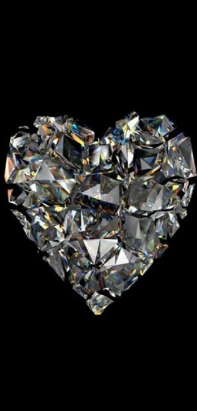 Heart-shaped diamond art on black background, shining elegantly.